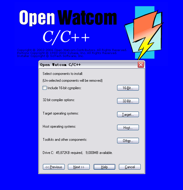 In this step, If you want to compile 16-bits programs using Open Watcom C/C++, please check up "Include 16-bit compiler" option.